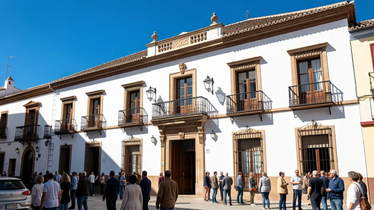 Fachada del Ayuntamiento de Huelva con balcones ornamentados.