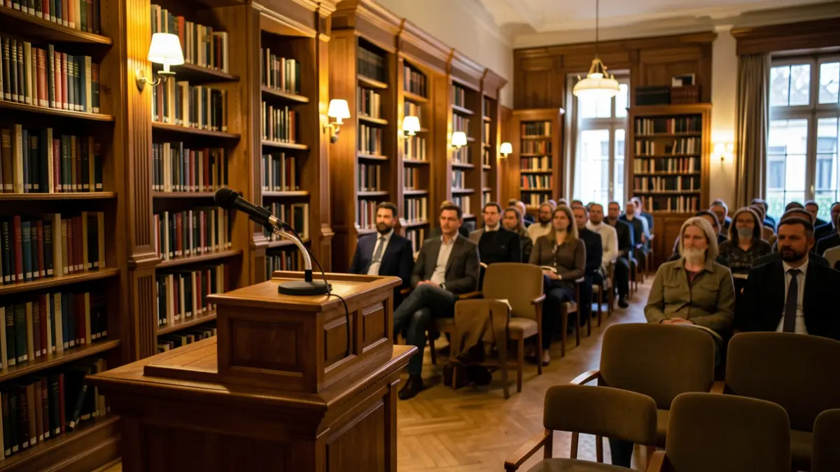 Interior of a university library with a podium and microphone prepared for a presentation.