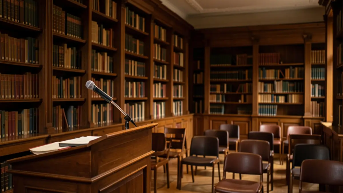 Imagen genérica de una biblioteca con un atril y sillas.