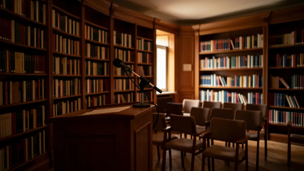 Imagen genérica de una biblioteca con libros y un atril.