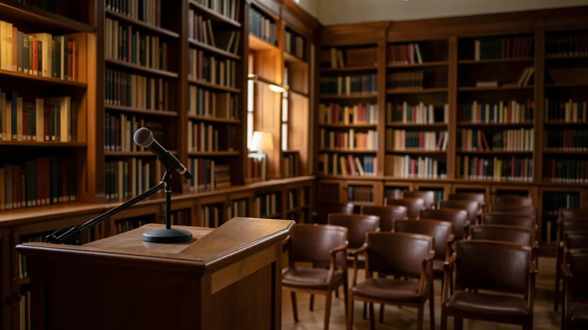 Generic image of a library with books and a podium.