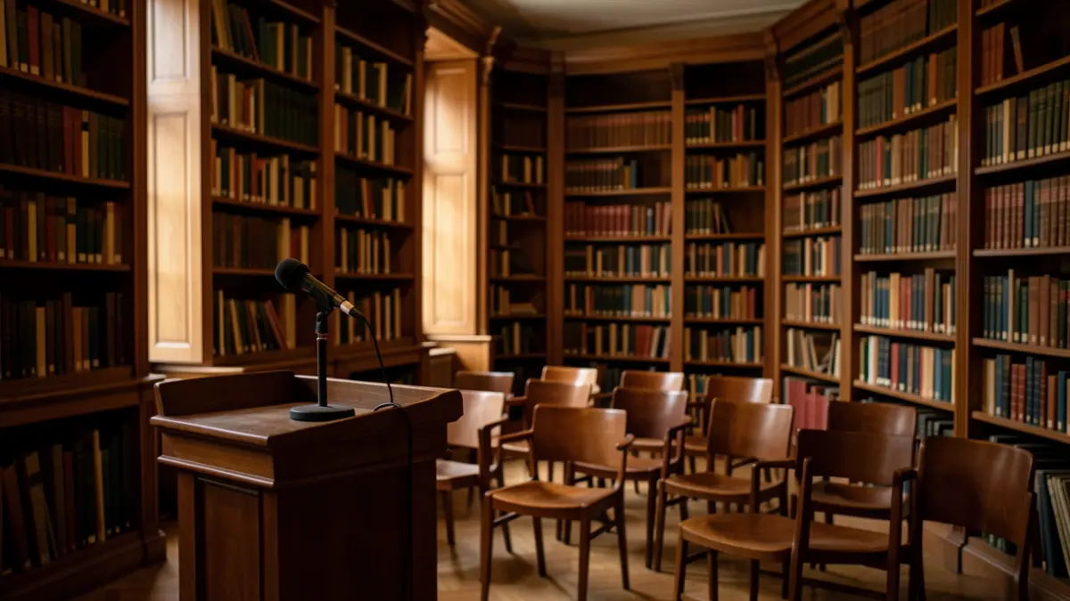 Imagen genérica de una biblioteca con un atril y sillas vacías.