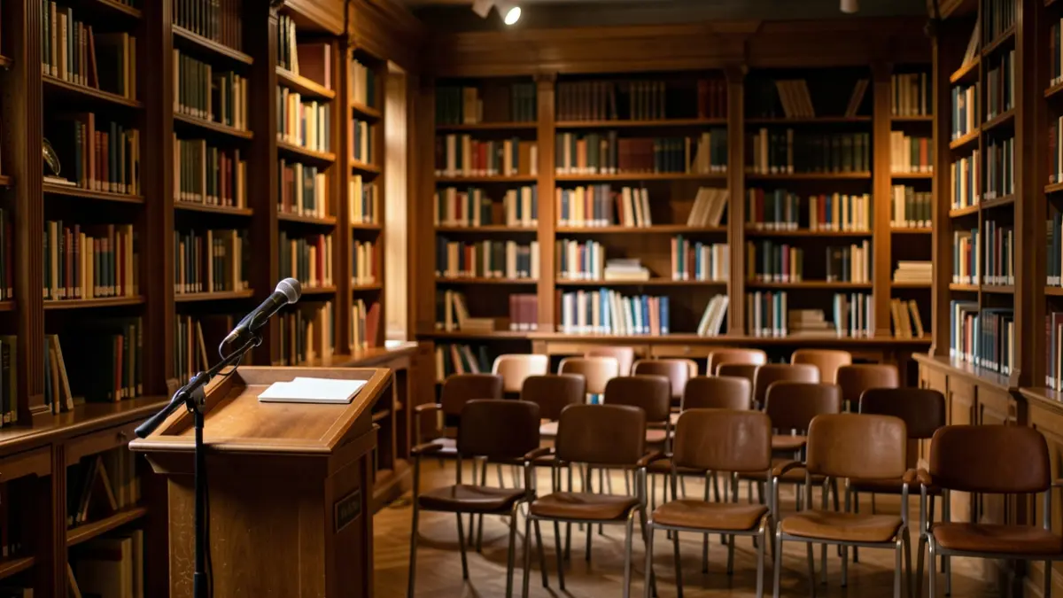 Imagen genérica de una biblioteca académica con un atril y sillas.