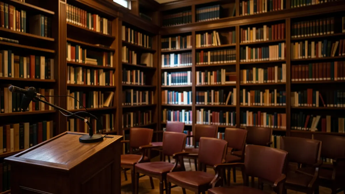 Imagen genérica de una sala de biblioteca con un atril y sillas.