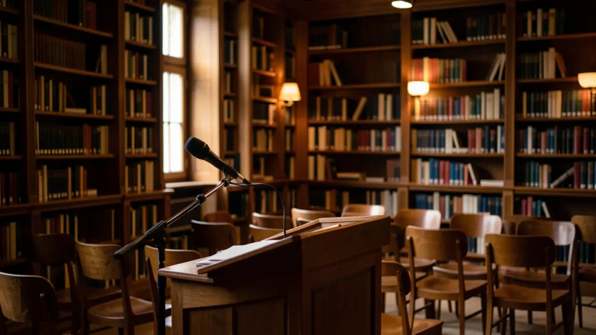 Generic image of a library with a podium and chairs.