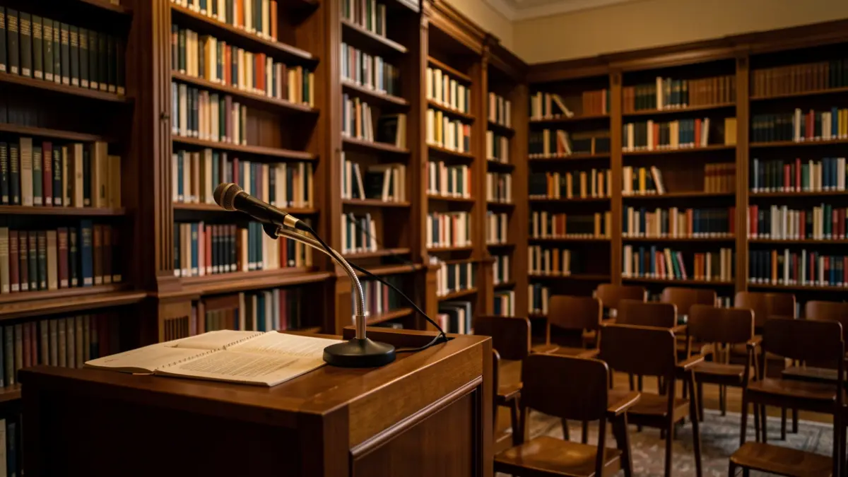 Generic image of a university library with a podium and chairs.