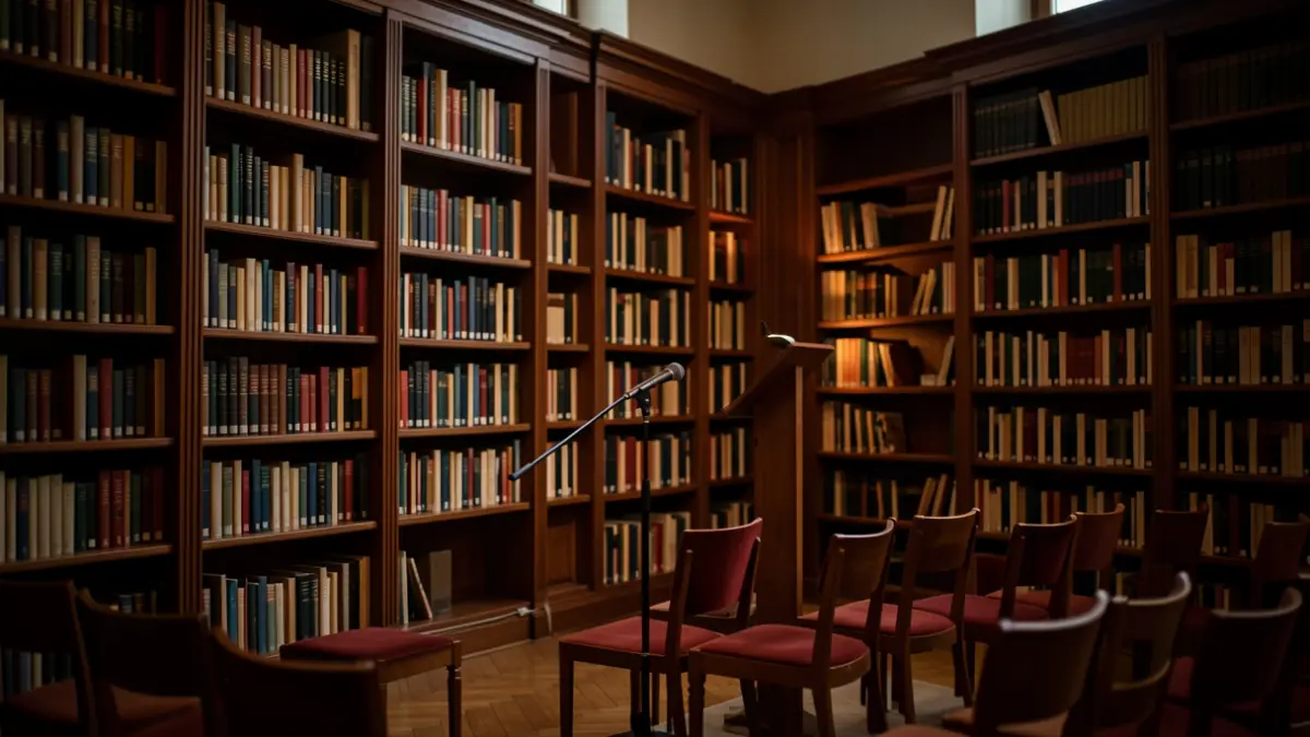 Generic image of a library with a podium and chairs.
