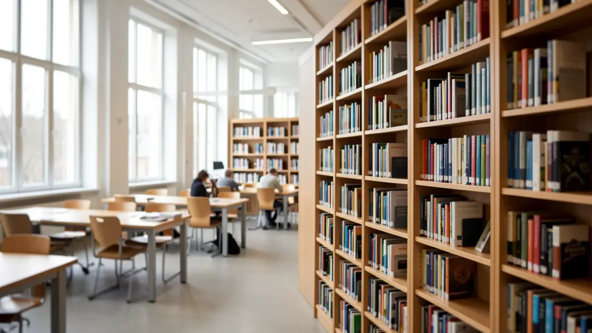 Generic image of a university library with wooden bookshelves and natural light.