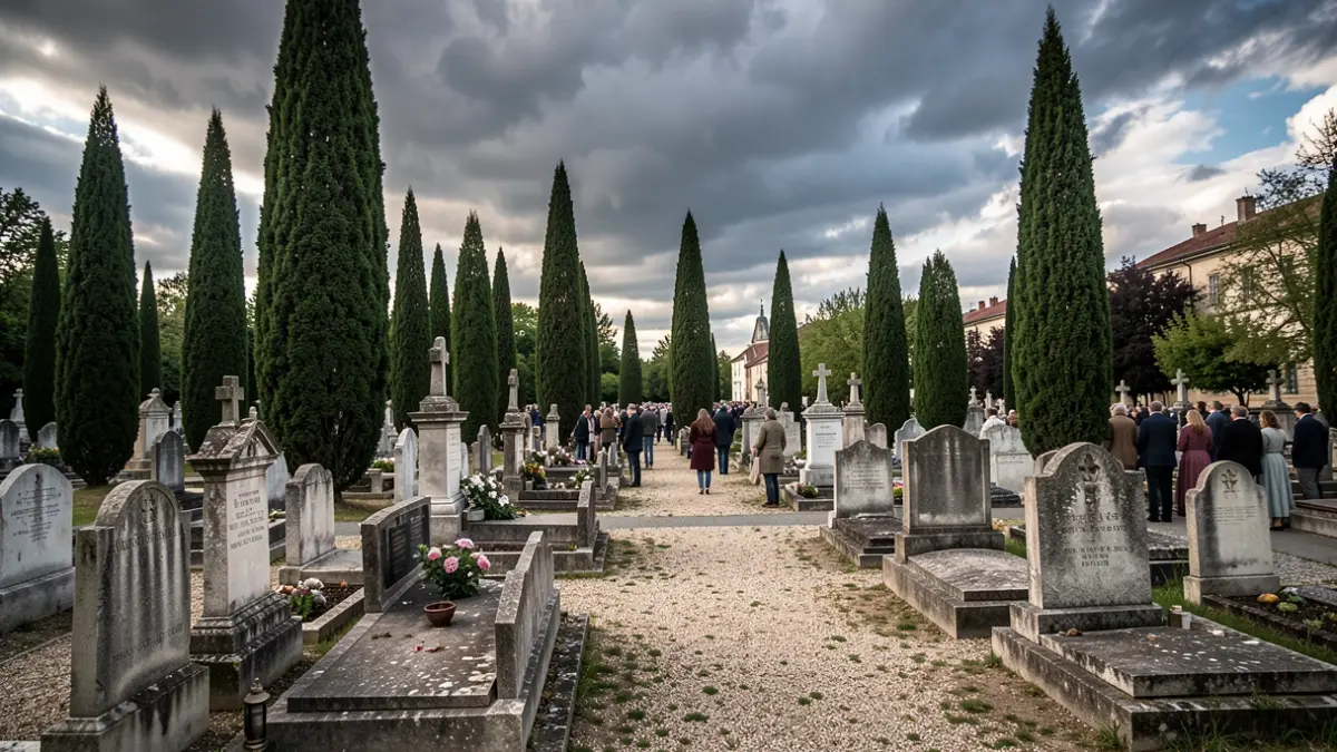 Generic image of a historical cemetery with old tombstones and cypress trees.