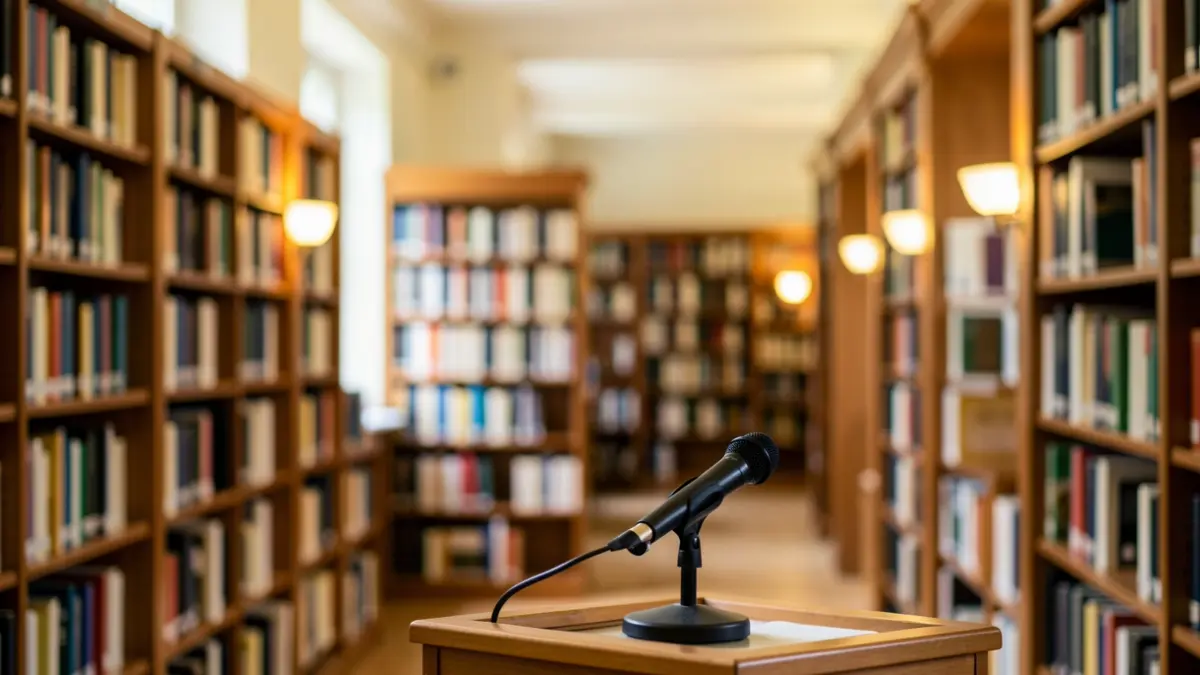 Generic image of a university library with bookshelves and a podium.