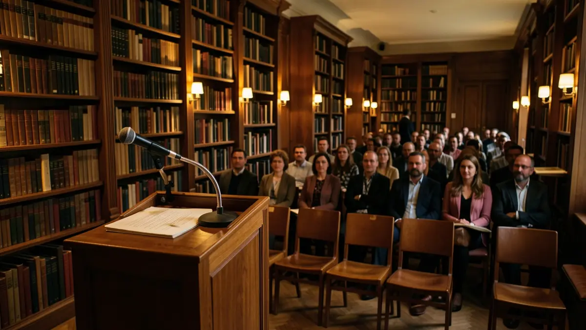 Imagen genérica de una biblioteca con libros y un atril.