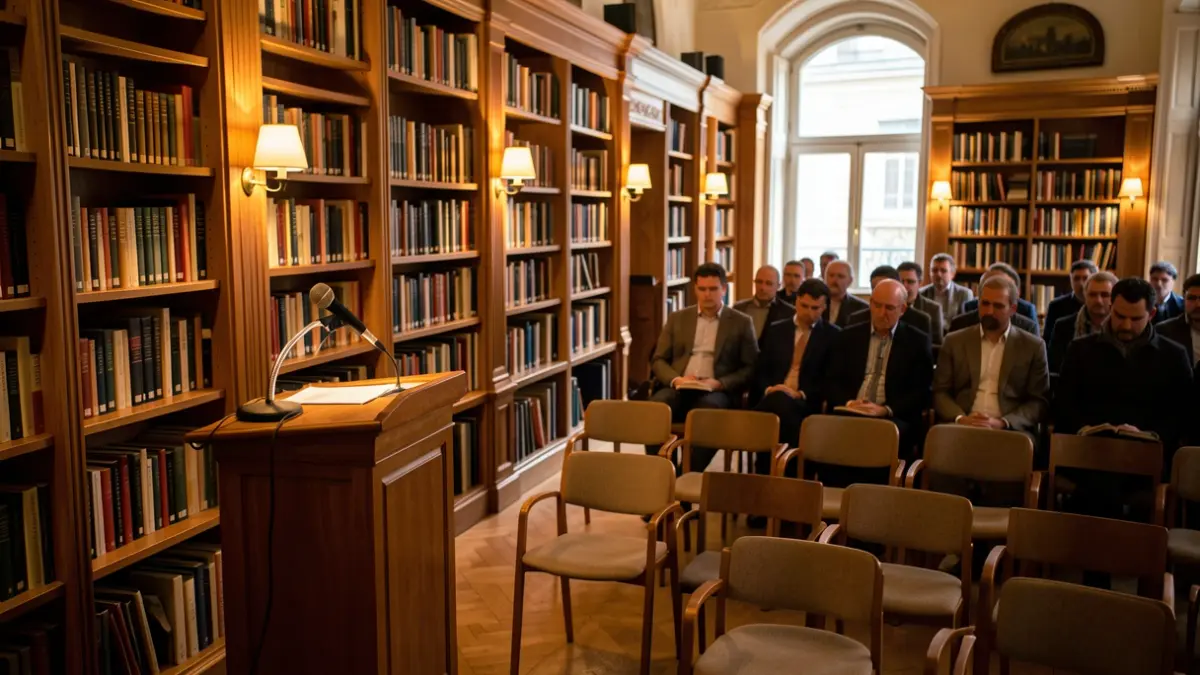 Imagen genérica de una sala de actos preparada para una conferencia cultural.