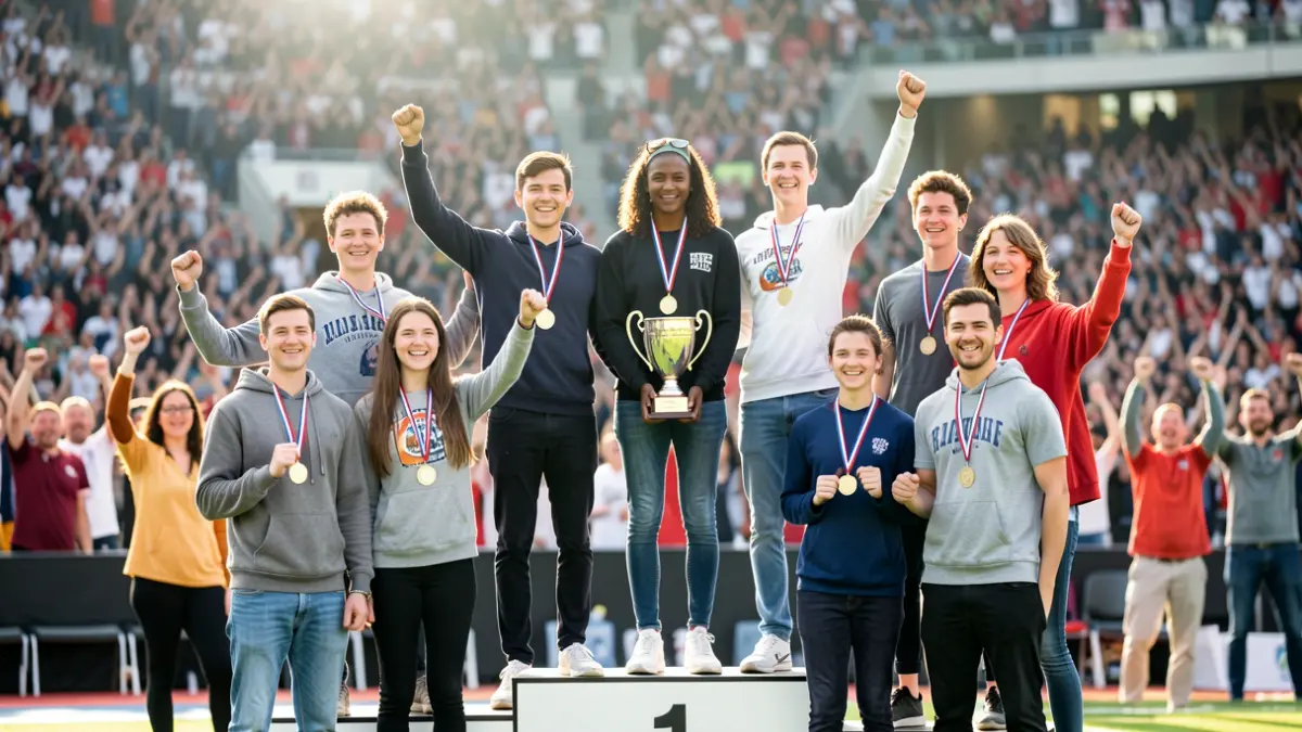 Imagen genérica de estudiantes universitarios celebrando un logro deportivo.