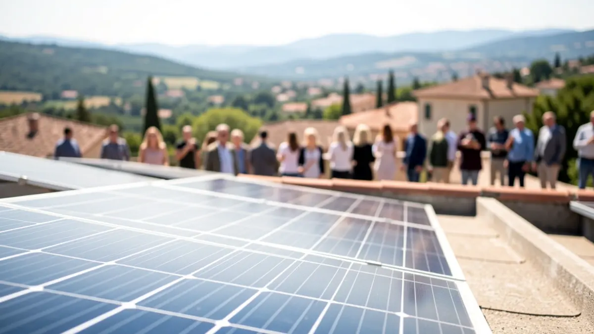 Solar panel installation on a university building roof.