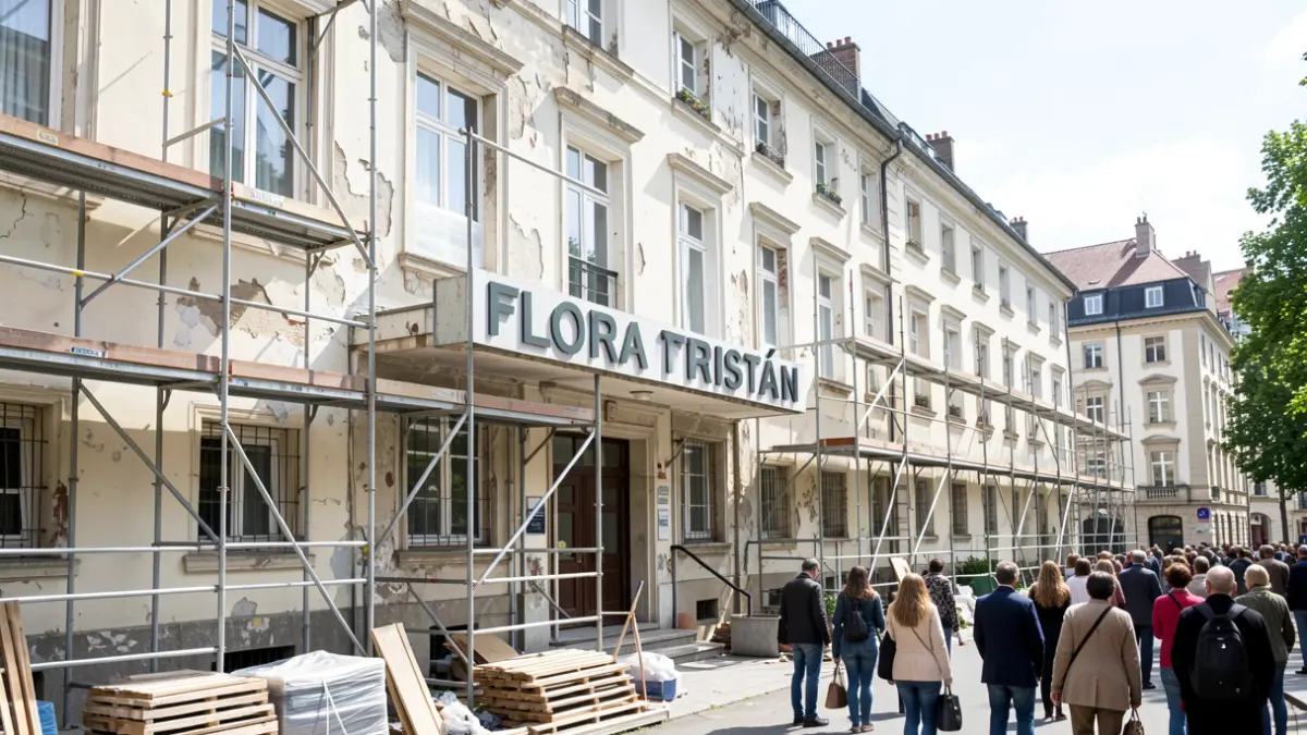 Facade of the Flora Tristán residential complex undergoing renovation works.