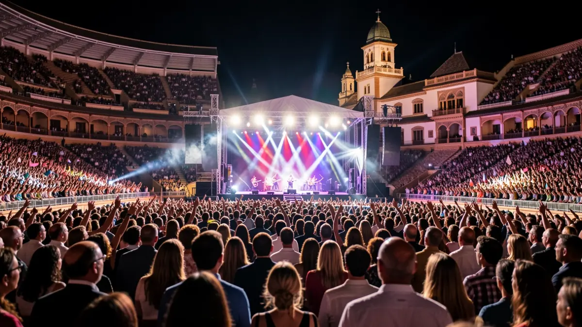 Escenario de concierto en un estadio con luces y público.