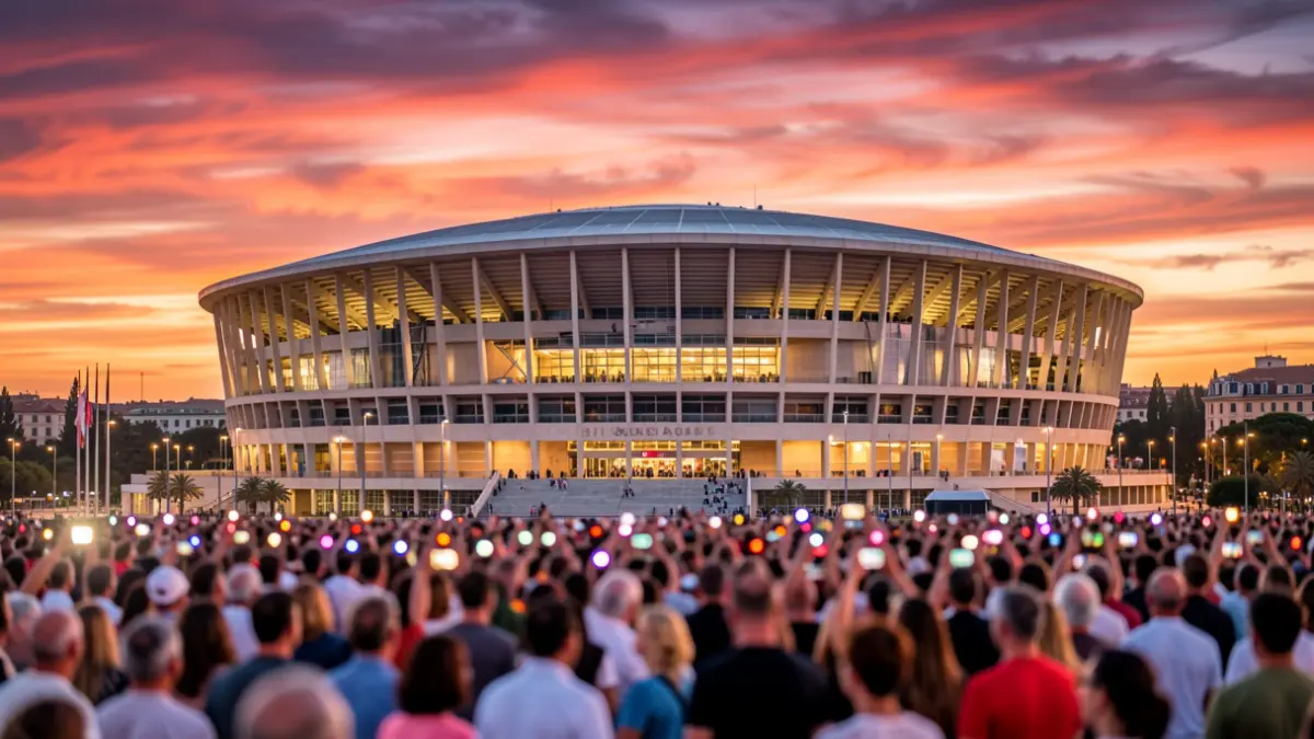 Generic image of the Estadio de La Cartuja in Seville at sunset, with crowd lights.
