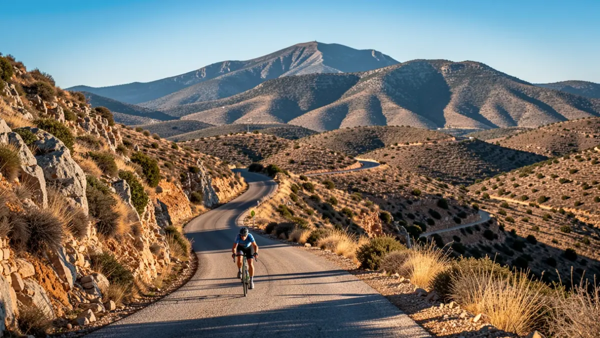 Ciclista ascendiendo una carretera de montaña en la provincia de Almería durante una etapa de La Vuelta.