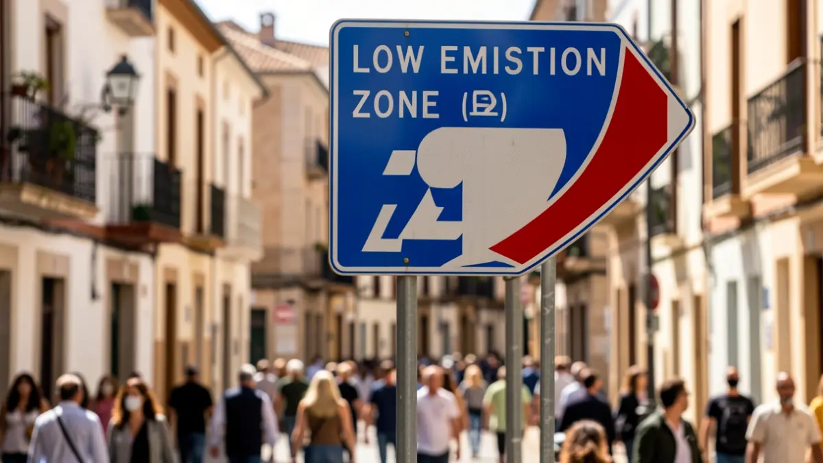 Señal genérica de Zona de Bajas Emisiones en una calle andaluza.