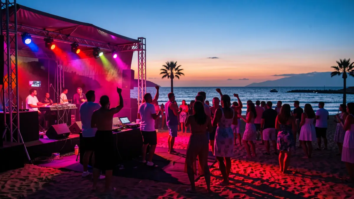 Generic image of a beach party at sunset with stage lights and dancing silhouettes.