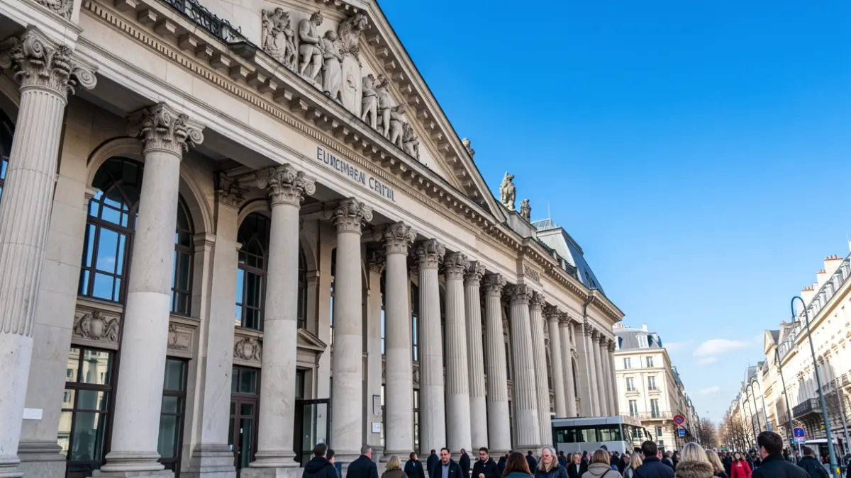 Facade of the European Central Bank with detailed architecture under a blue sky.