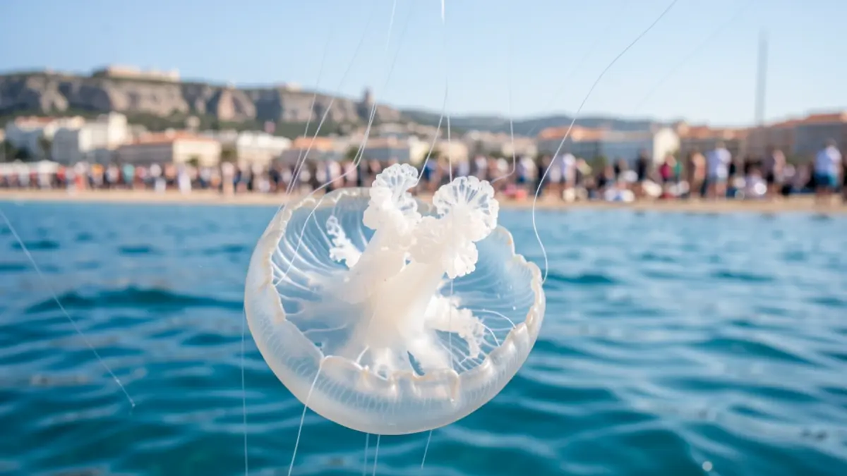 Close-up of jellyfish floating in clear waters with the Malaga coast blurred in the background.