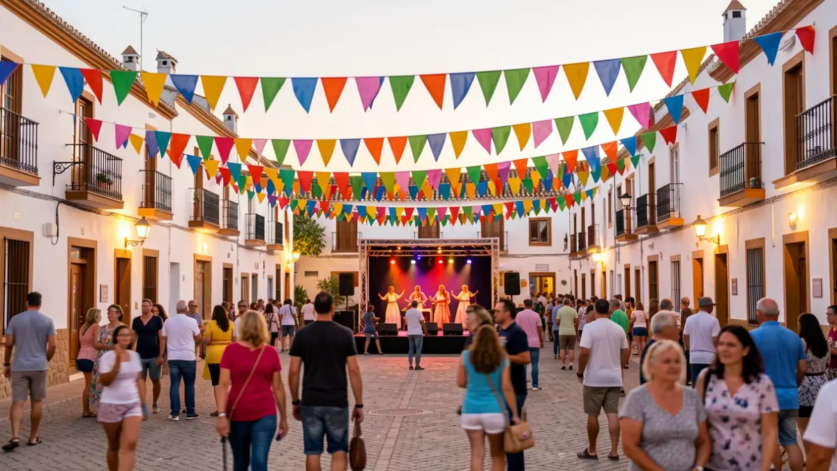 Plaza de un pueblo andaluz decorada para fiestas patronales con ambiente festivo.