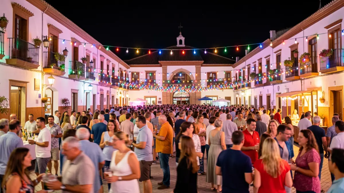 Andalusian town square illuminated by festival lights at night, with people enjoying themselves.