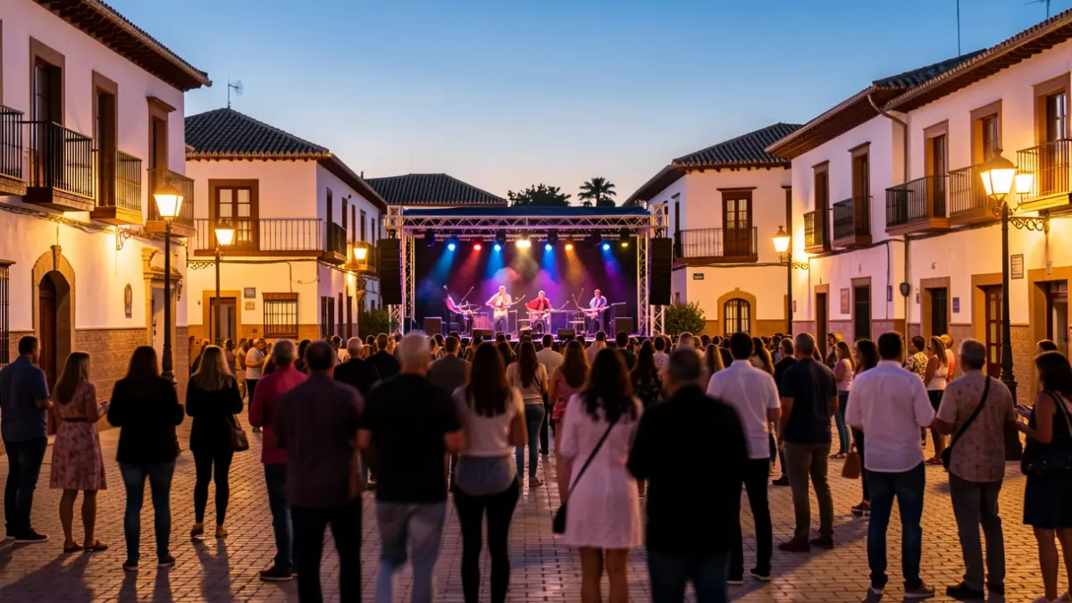 Plaza de un pueblo andaluz iluminada por la noche durante unas fiestas patronales.