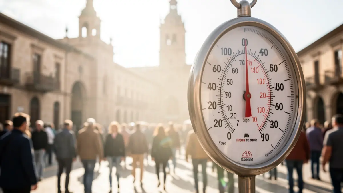 Termómetro mostrando alta temperatura con arquitectura de Córdoba al fondo.