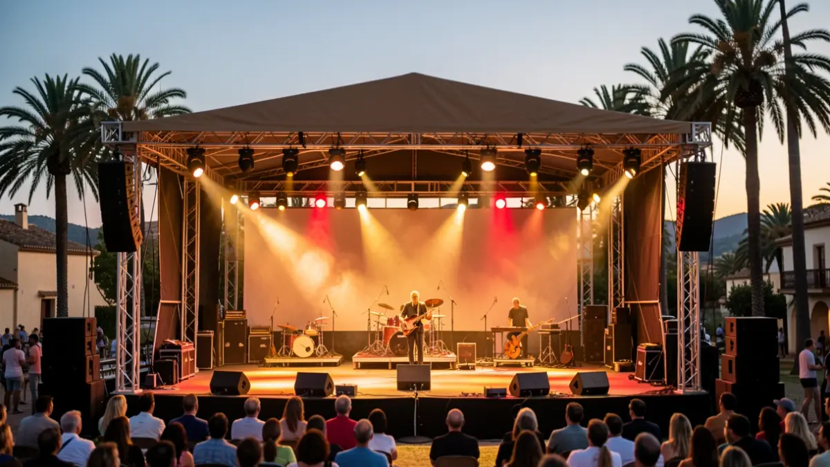 Escena genérica de un festival de música al aire libre en Andalucía al atardecer.