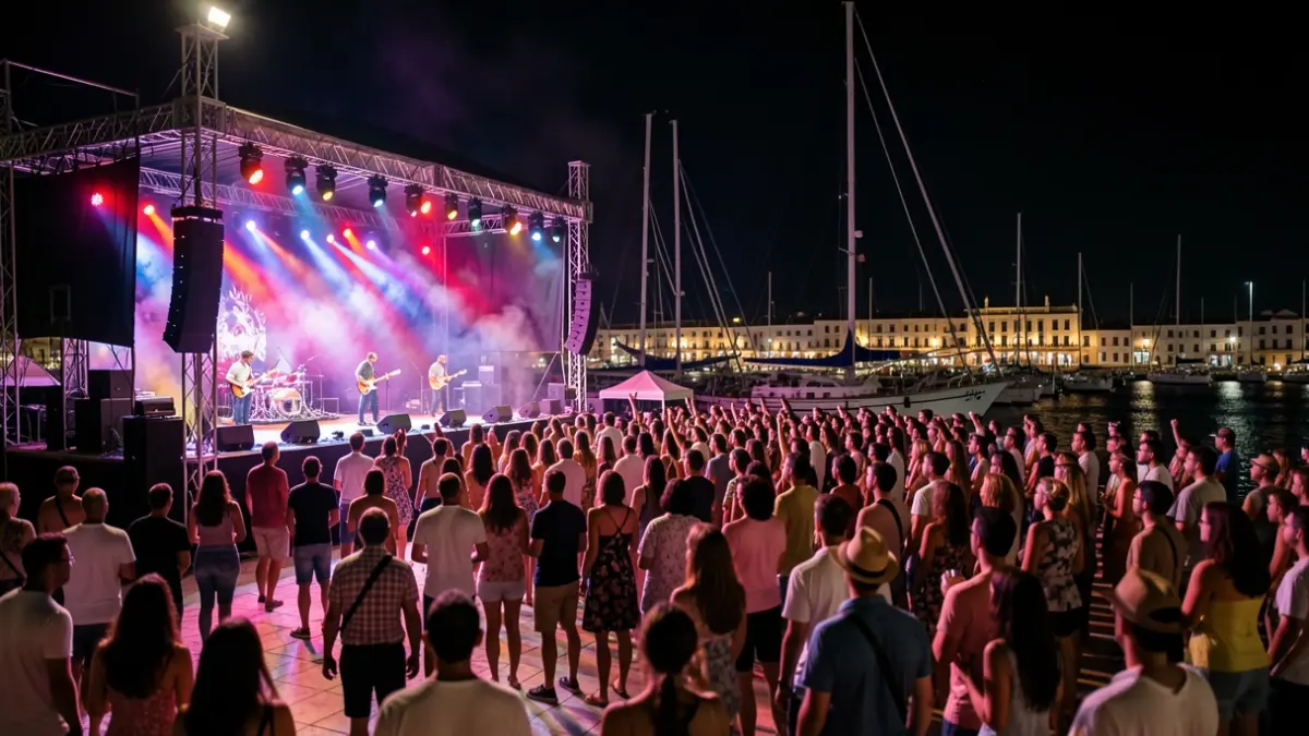 Imagen genérica de un concierto al aire libre en un recinto portuario andaluz por la noche.