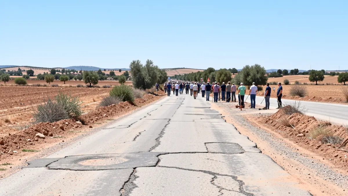 Rural road in Andalusia with deteriorated surface and improvement works.