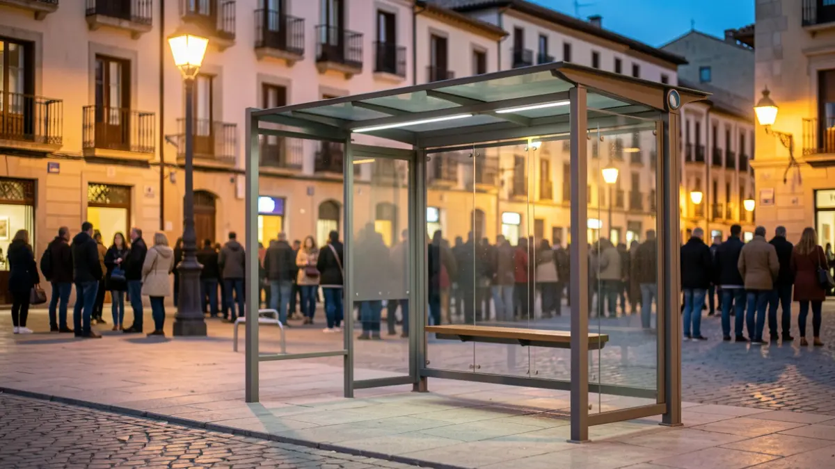 Urban bus stop in a Spanish square at dusk.
