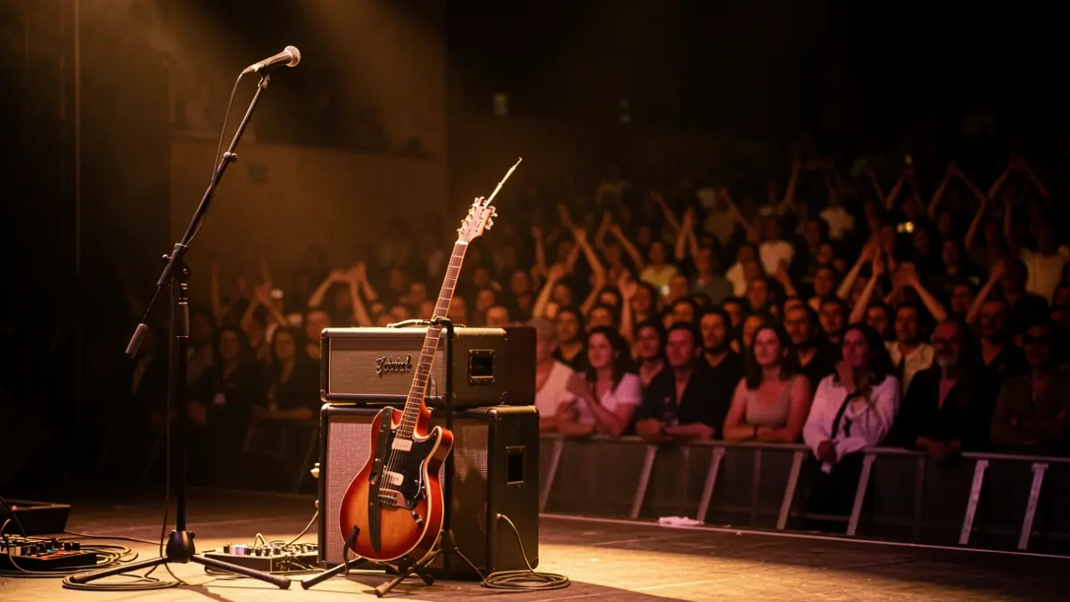 Escena de concierto en Andalucía con un micrófono y una guitarra en el escenario.