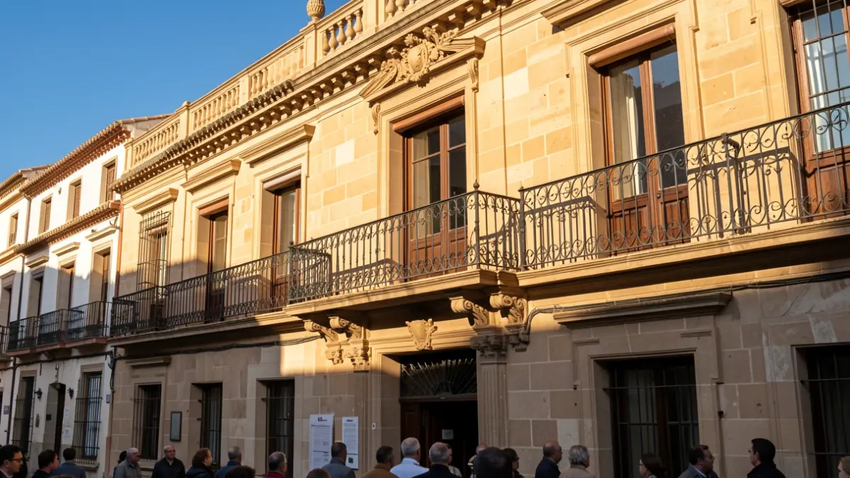 Facade of an Andalusian town hall with an ornate balcony and iron railings, warm afternoon light.