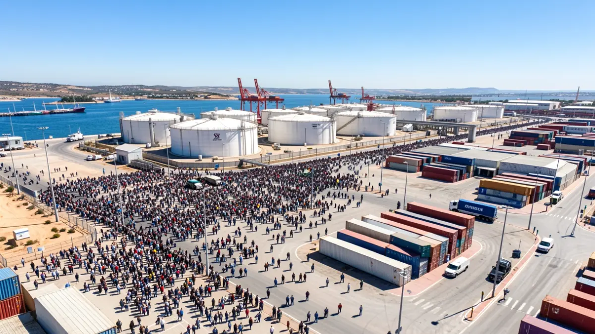 Vista aérea de una zona portuaria industrial en Andalucía con tanques de almacenamiento.