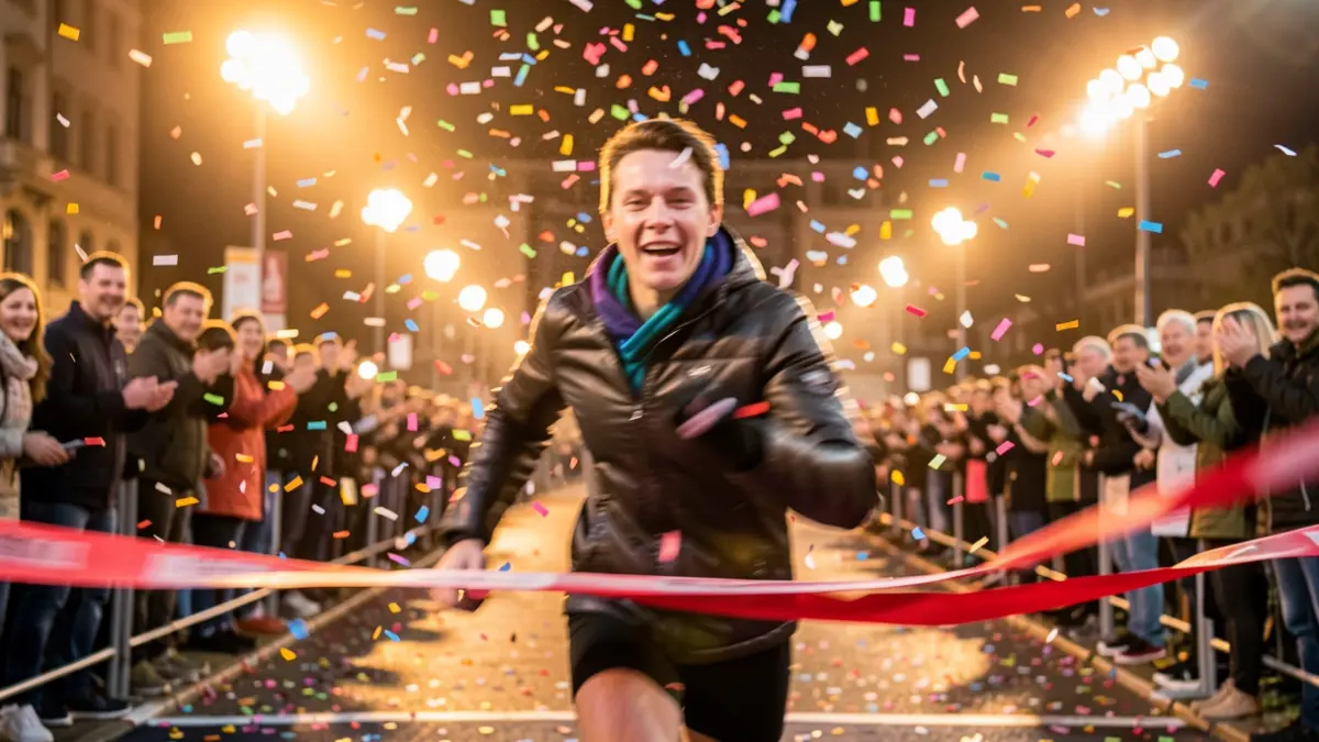 Generic image of a runner crossing a finish line with confetti.
