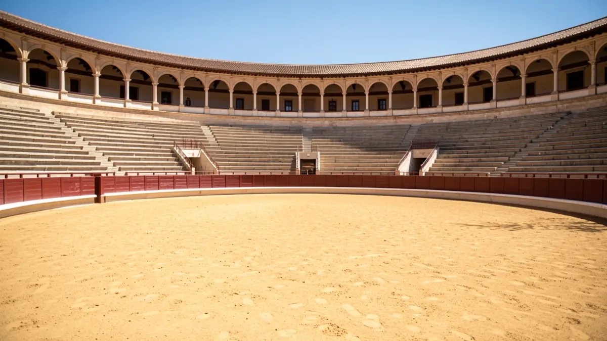 Plaza de toros de Andalucía vacía bajo el sol.
