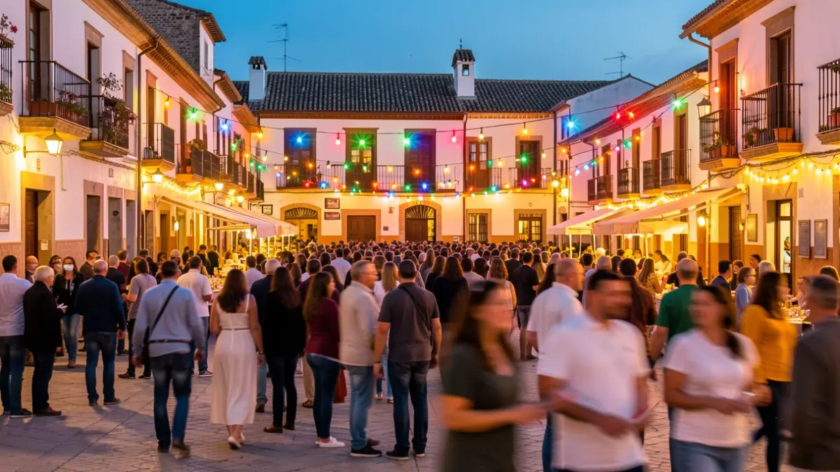 Imagen genérica de una plaza andaluza durante una feria con gente y luces.