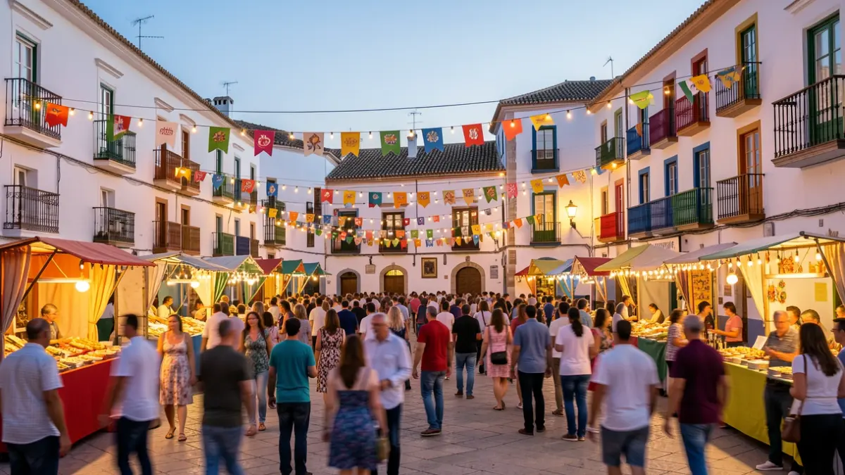 Plaza de un pueblo andaluz decorada para una feria de verano con luces y gente en el fondo.