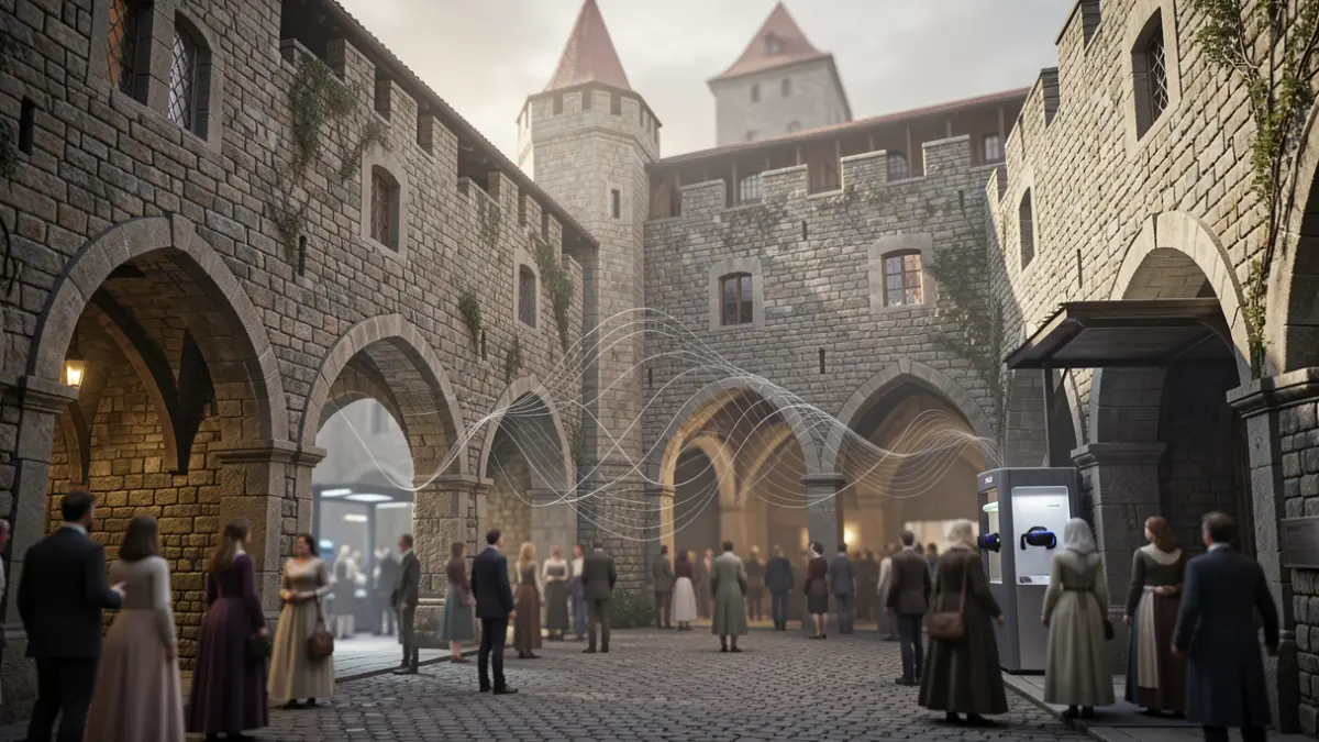 Recreación 3D del Patio de Armas del Castillo del Moral en Lucena con elementos de realidad virtual.