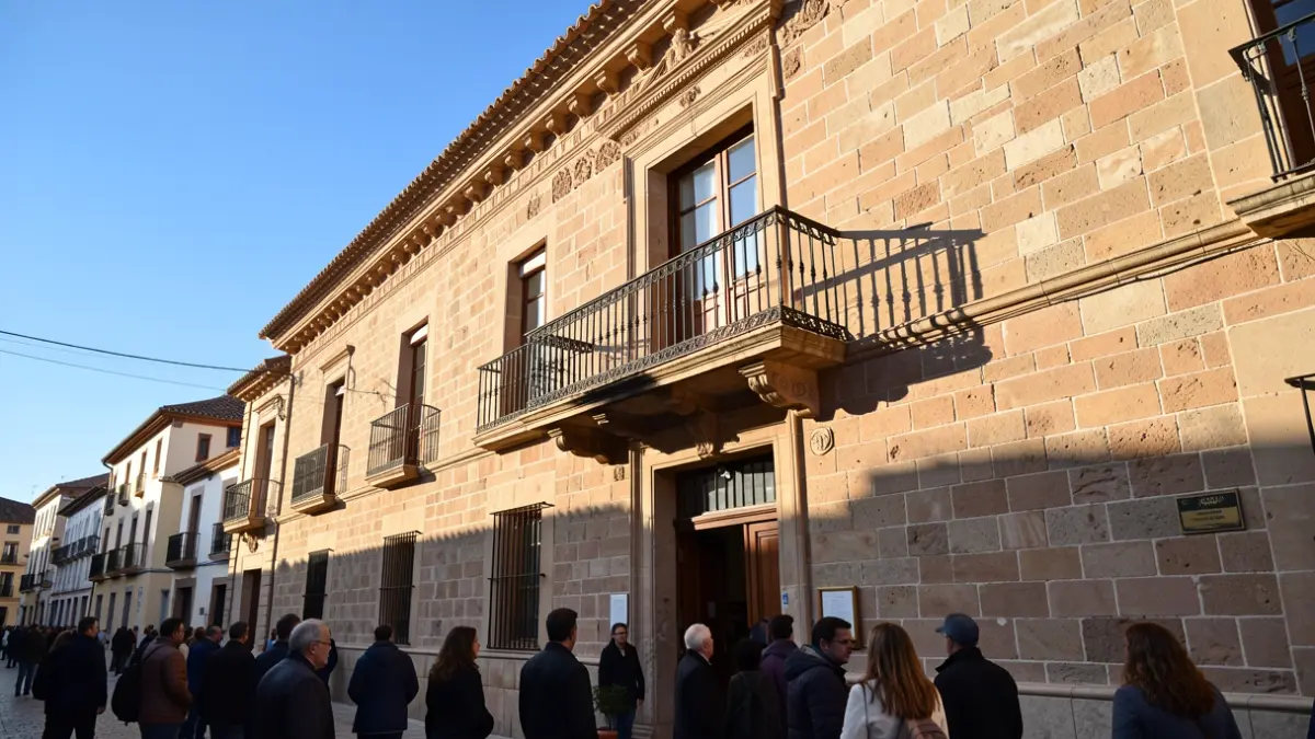 Stone facade of an Andalusian town hall with ornate balcony and iron railings, afternoon sunlight casting shadows on the sandstone walls, blue sky.