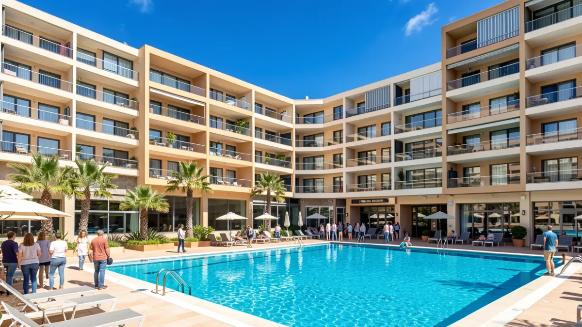 Edificios de apartamentos modernos con piscinas en Málaga.