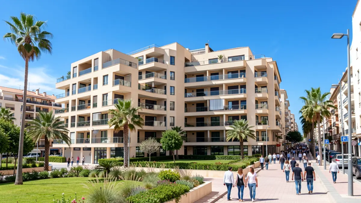 Facade of a modern housing building with balconies and green areas.