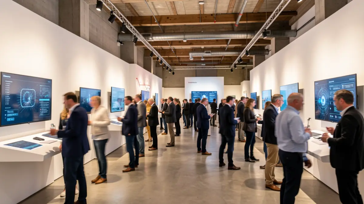 Generic image of a technology and video game event with attendees and interactive screens.