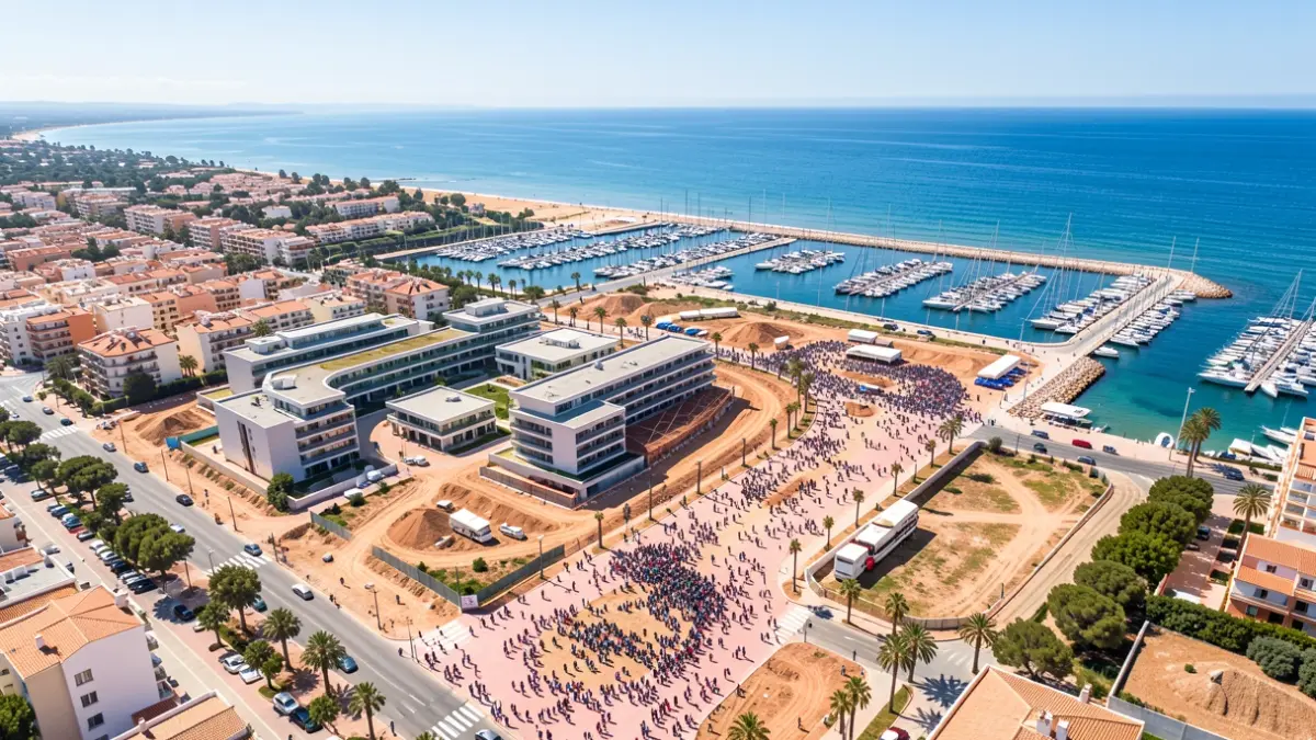 Aerial view of a coastal urban development project in Andalusia with modern architecture and a marina.
