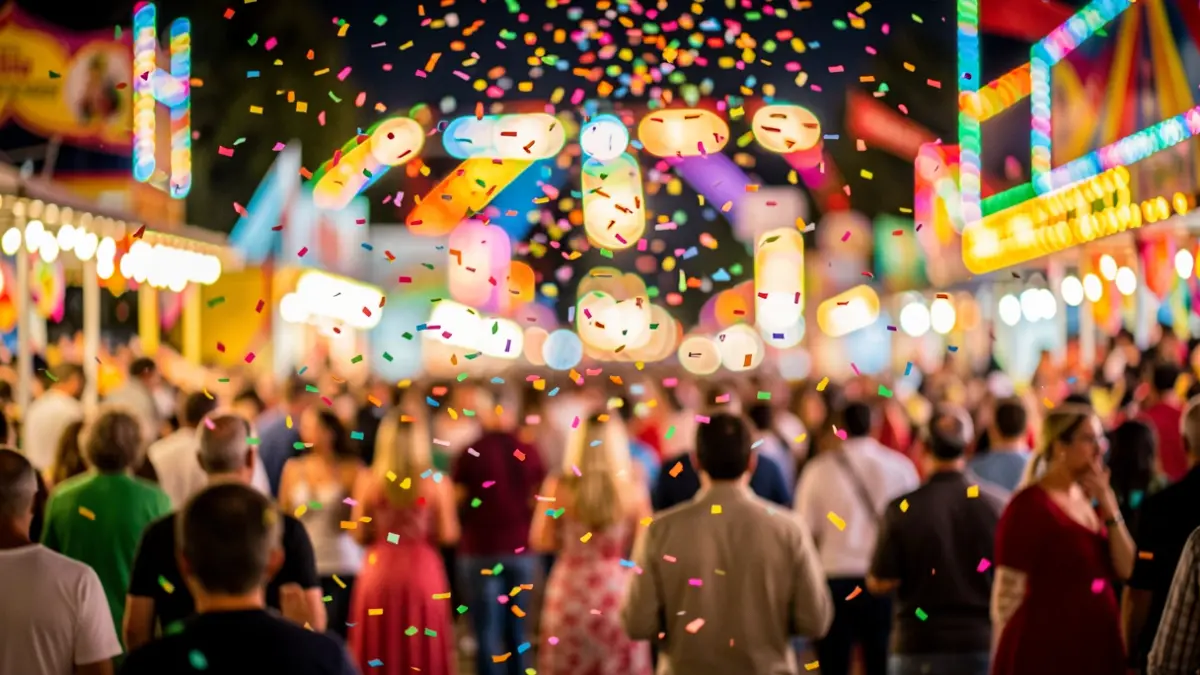 Generic image of a fair celebration with confetti and abstract lights.