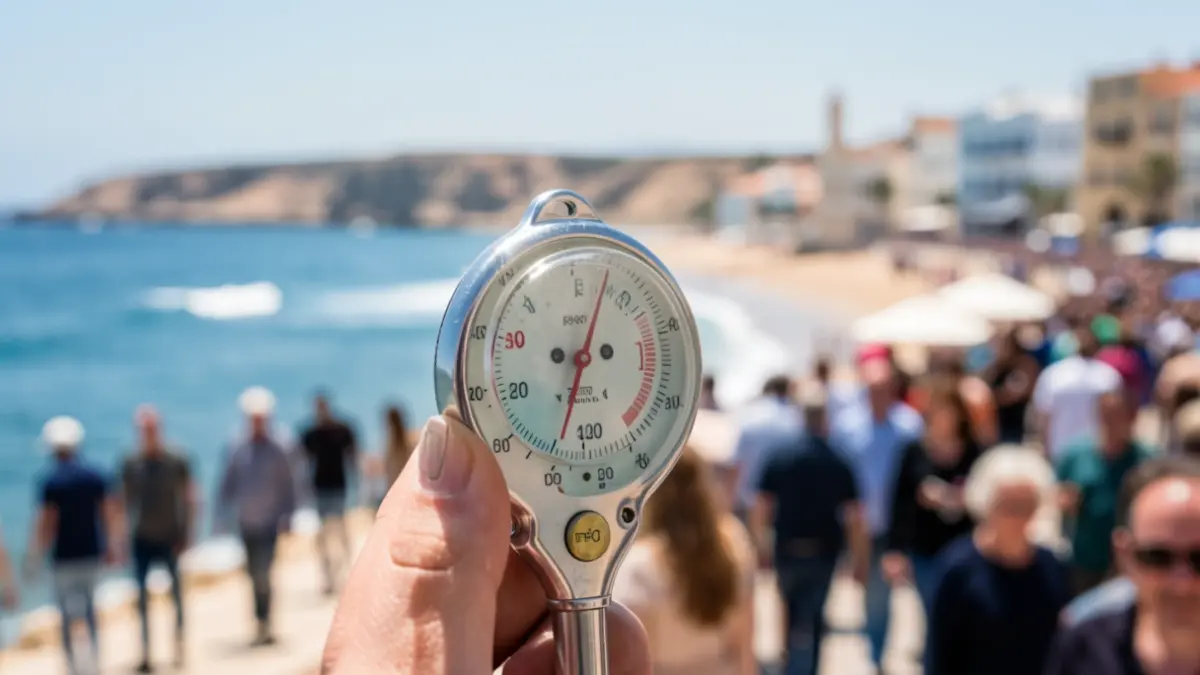 Termómetro mostrando alta temperatura en la costa andaluza bajo un sol intenso.