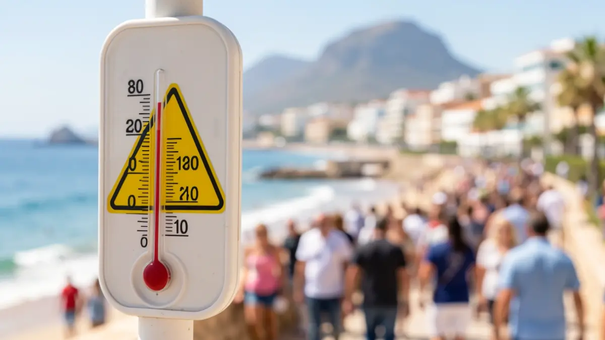 Thermometer showing high temperature with a yellow warning in Malaga's coast.